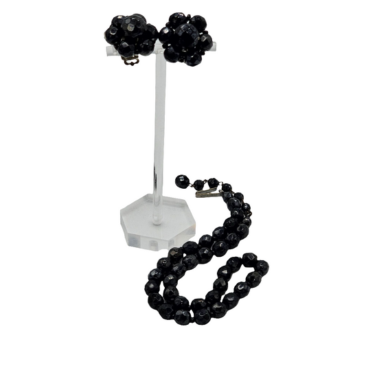 West Germany Vintage Black Faceted Glass Necklace Cluster Clip-on Earrings