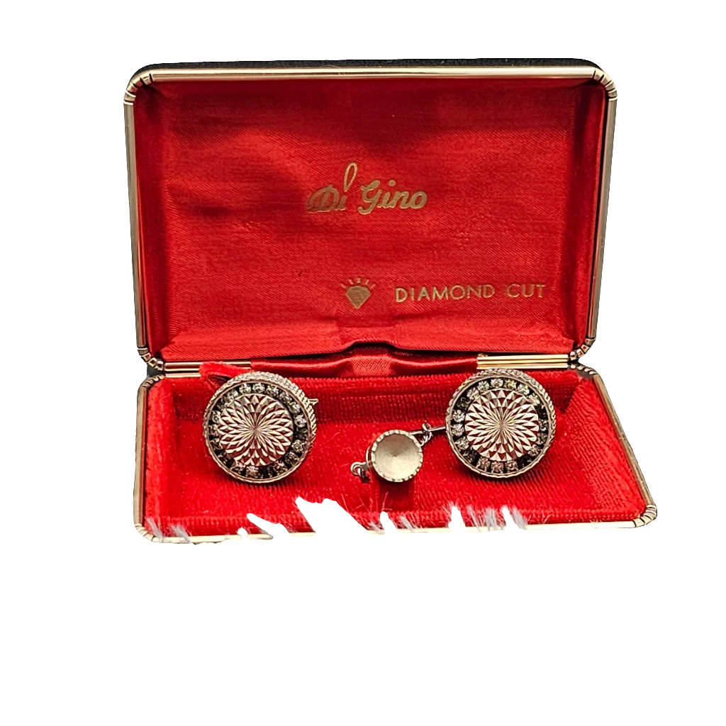 Vintage Silver-tone Di Gino Diamond Cut Cuff Links and Tie Tack Original Box