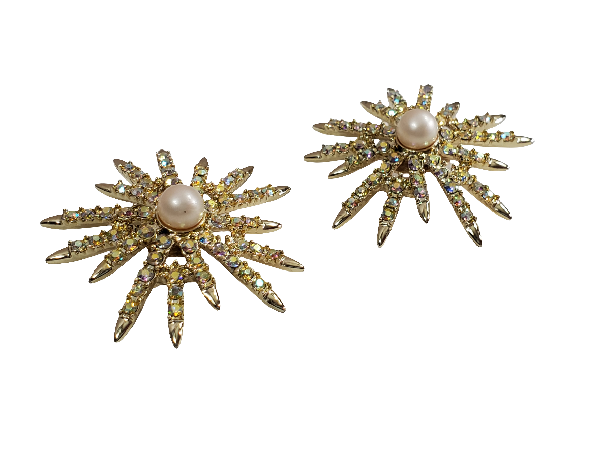 Vintage Emmons Signed Gold-tone Pearl Crystal Sweater Clips Aurora Borealis