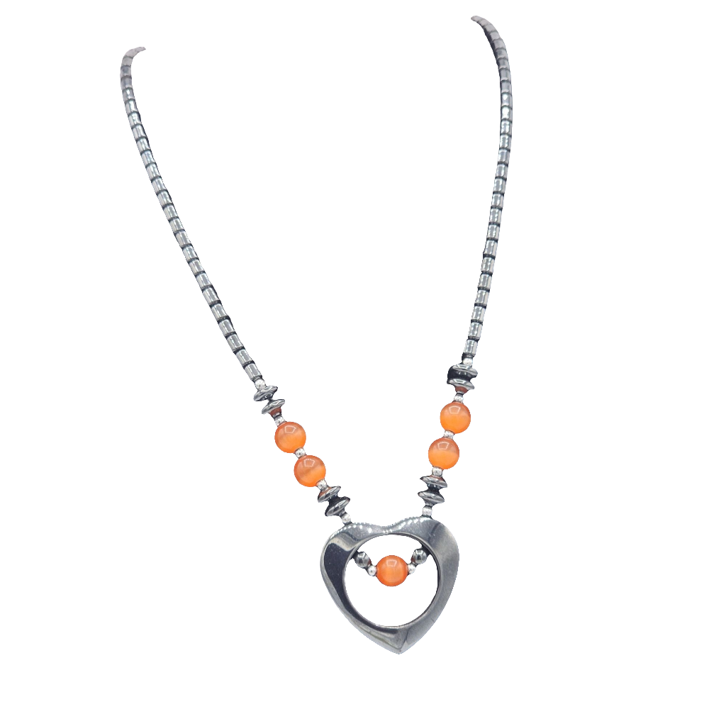 Vintage Hematite Beaded Necklace with Heart Pendant Orange Moonglow Beads