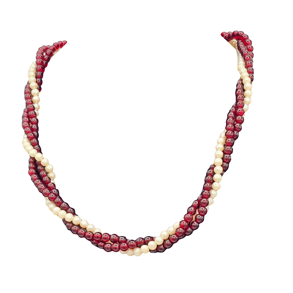 Multi-Strand Twisted Rope Faux Pearl Garnet Round Beaded Necklace