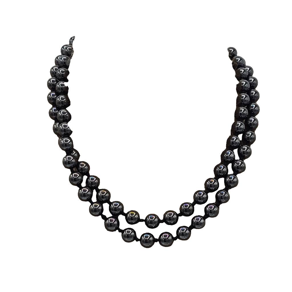 Long 32 in Strand Hematite Bead Necklace Knotted Black Natural Pullover Vintage