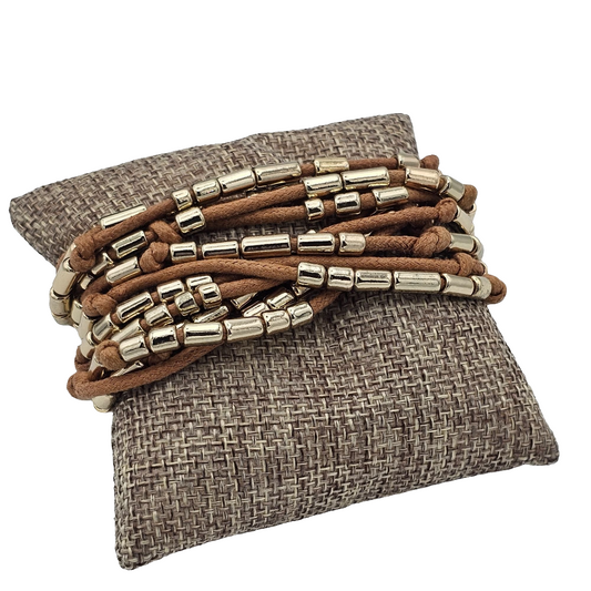 Multi Strand Brown Rope and Gold-tone Metal Beaded Bracelet