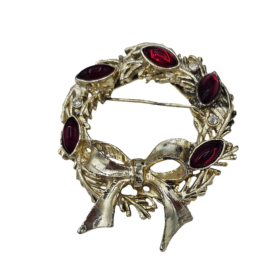 Vintage Tancer Gold-tone Wreath Brooch Pin Ruby Red Clear Stones MISSING1