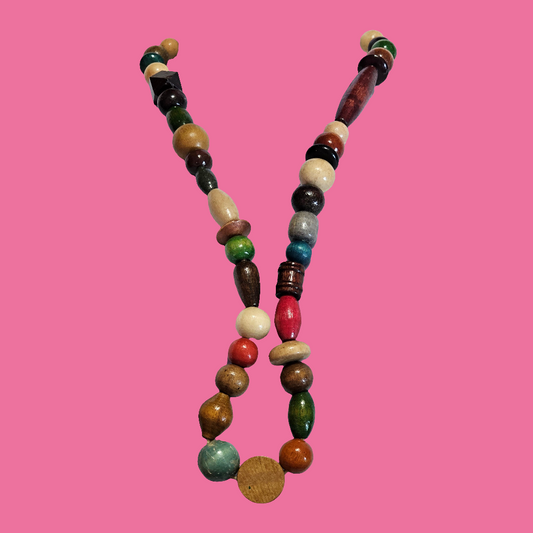 Bohemian Artisan Colorful Chunky Painted Wooden Beaded Long Necklace Vintage