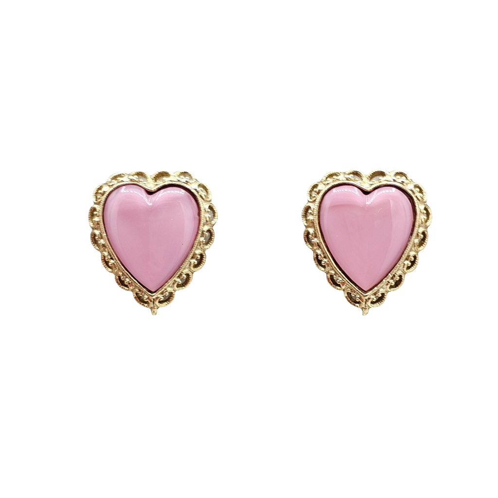 Beautiful Pink Enamel Heart Gold-tone Ornate Trim Clip-on Earrings NOS