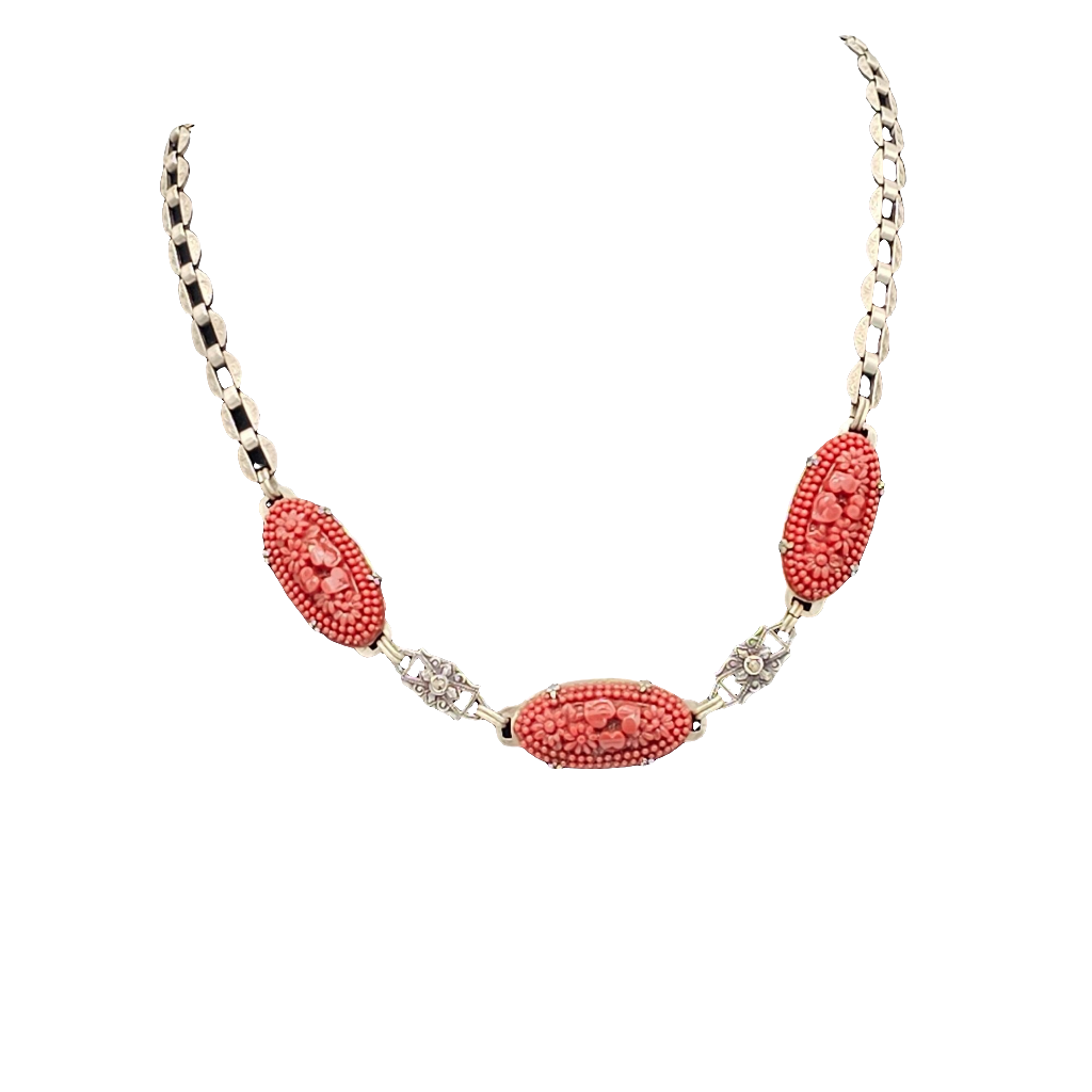 Sterling Art Deco Marcasite Carved Flower Carnelian Glass Necklace