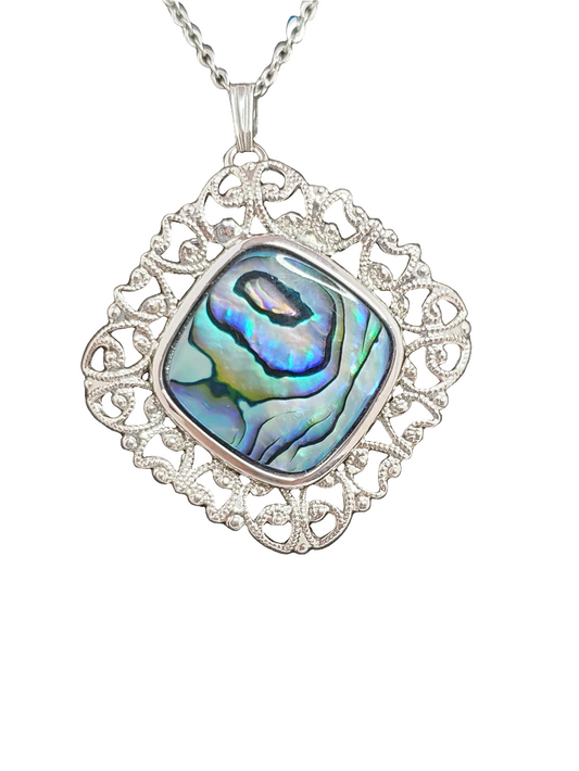 Filigree Blue Abalone Swirl Pendant Nickel Silver Chain Vintage Beautiful
