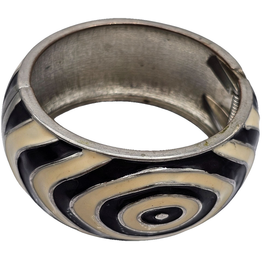 Enamel Black White Groovy Abstract Huge Clamper Bracelet