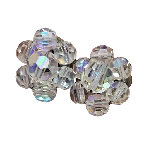 (116) Beautiful AB Cluster Clip-on Earrings Vintage Aurora Borealis 50s