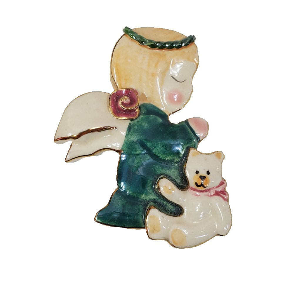 Praying Angel Kitten Handcrafted Porcelain Brooch Vintage