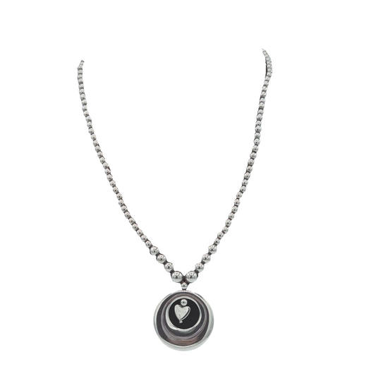 (146) Vintage Black Hematite Beaded Necklace Heart in the Center of a Ring