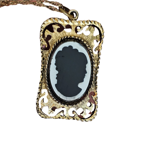 Vintage Gold-Tone Cameo Pendant Necklace Black Glass Lady Silhouette Victorian