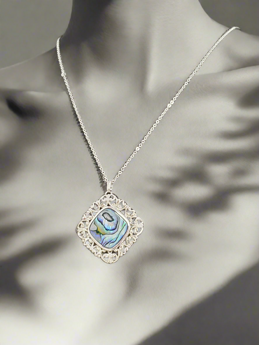 Filigree Blue Abalone Swirl Pendant Nickel Silver Chain Vintage Beautiful