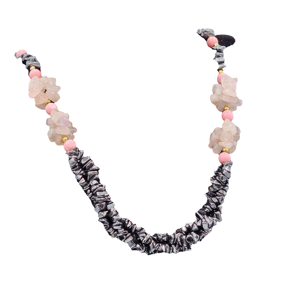 Chunky Beaded Hematite Rose Quartz Chips Multi Strand Torsade Bohemian Witchy Necklace