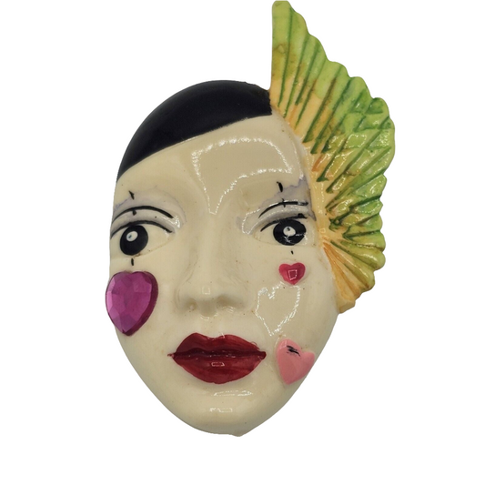 Painted Resin Face Mime Clown Mardi Gras Brooch Vintage Feather Heart