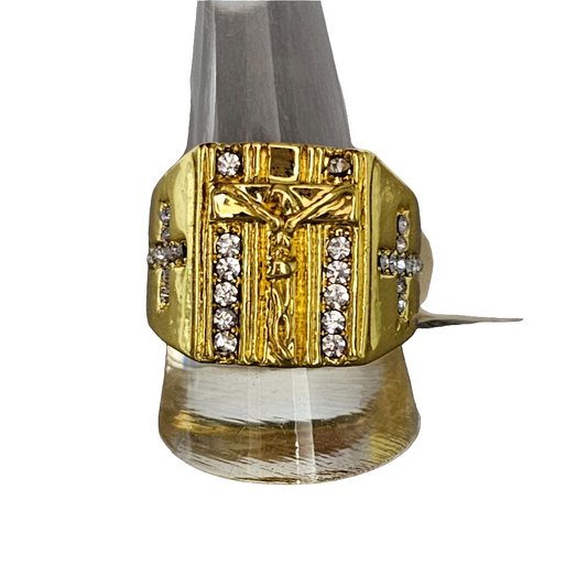 (158) Gold-tone Men's Crucifix Cross Rhinestone Fashion Ring Size 11