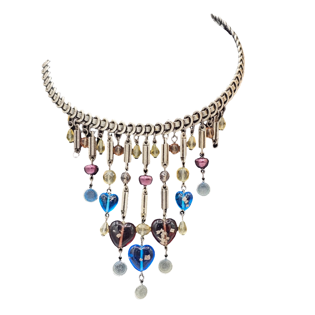 Chico's Blue Stone Beaded Drippy Choker Necklace Waterfall Bib Glass
