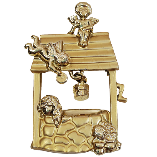 Gold-tone Angel Wishing Well Brooch Cherubs Vintage Signed