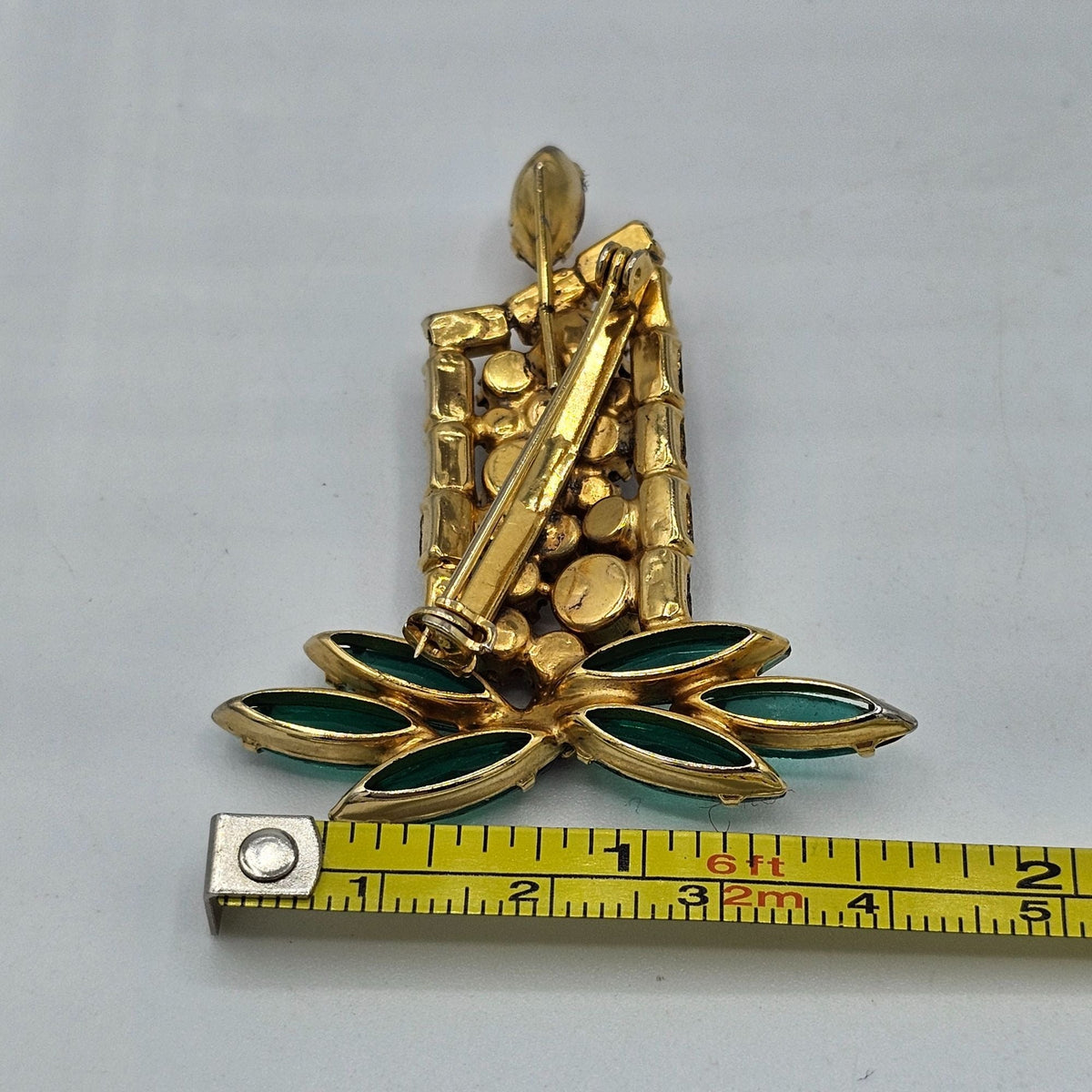 Vintage Prong Set Holiday Lit Flame Candle Holly Rhinestone Brooch Christmas