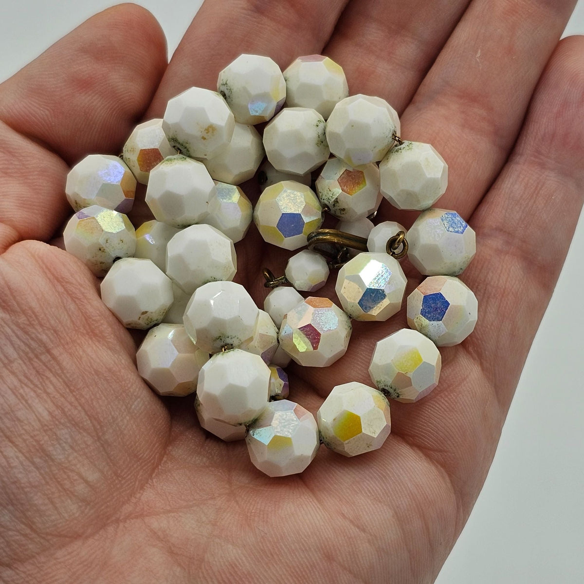Alice Caviness Vintage White Glass Aurora Borealis Faceted Necklace