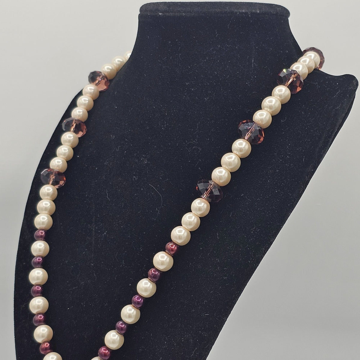 Faux Pearl Purple Amethyst Glass Crystal Beaded Necklace 20 in