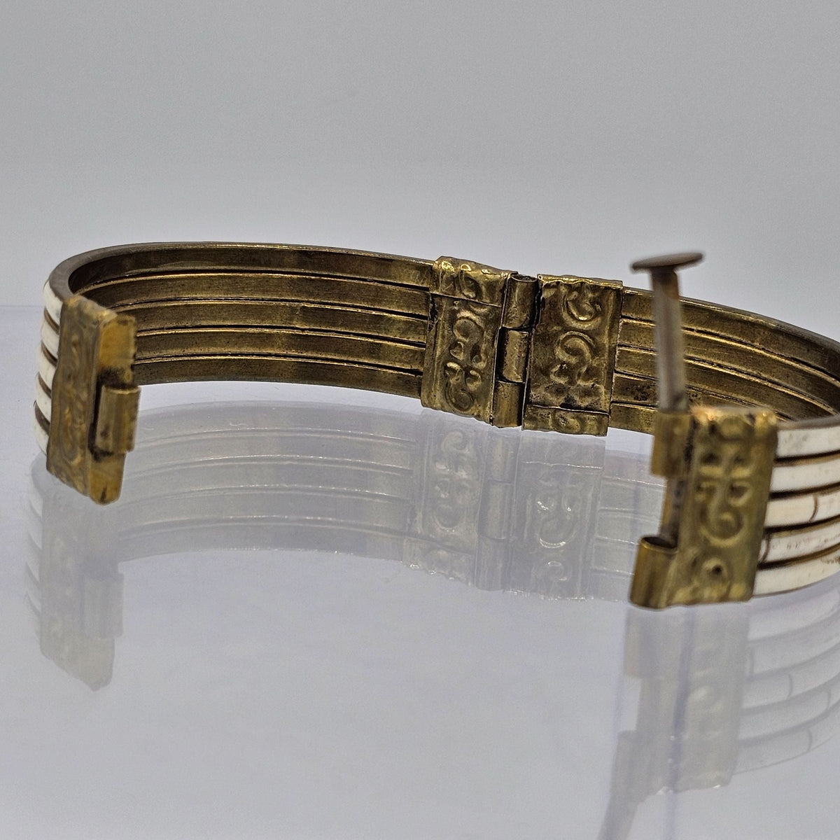 Antique Victorian Era Mother of Pearl Inlay Brass Bangle Pin Clasp