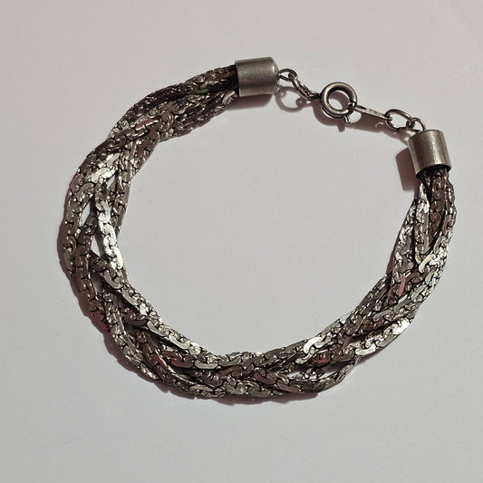 (700) Silver-Tone Vintage Braided Chain Bracelet Signed Korea