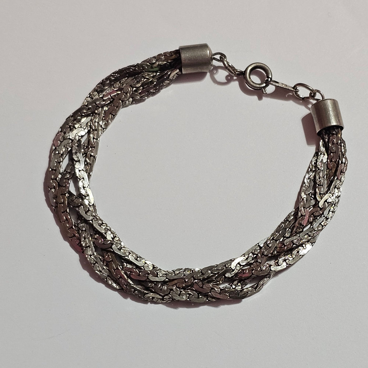(700) Silver-Tone Vintage Braided Chain Bracelet Signed Korea
