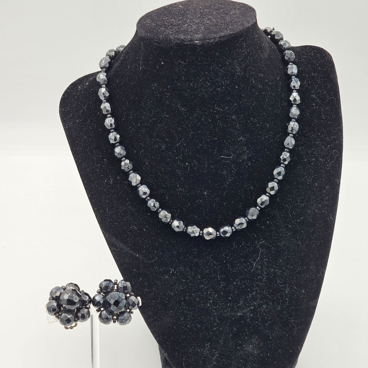 West Germany Vintage Black Faceted Glass Necklace Cluster Clip-on Earrings