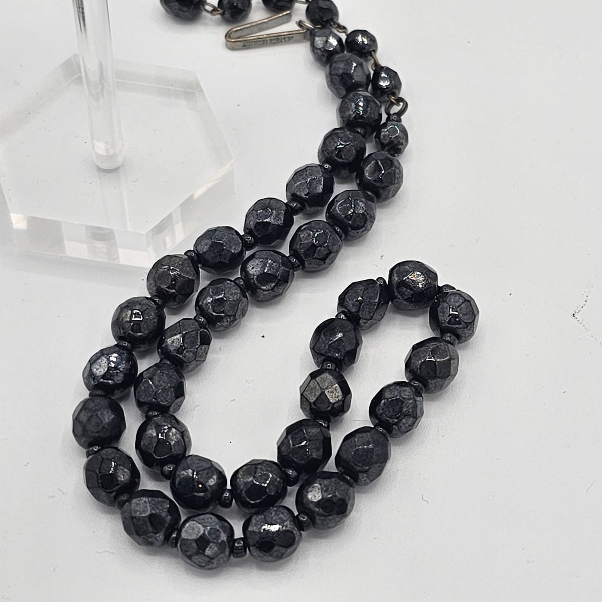 West Germany Vintage Black Faceted Glass Necklace Cluster Clip-on Earrings