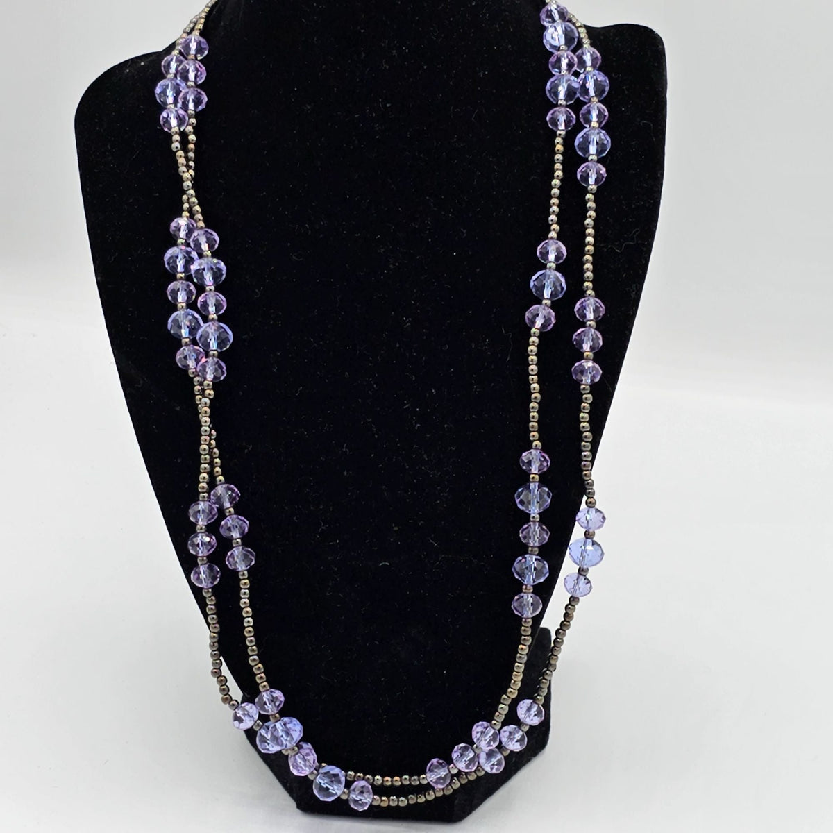 Purple Faceted Crystal Hematite Seed Beaded Long Necklace Vintage