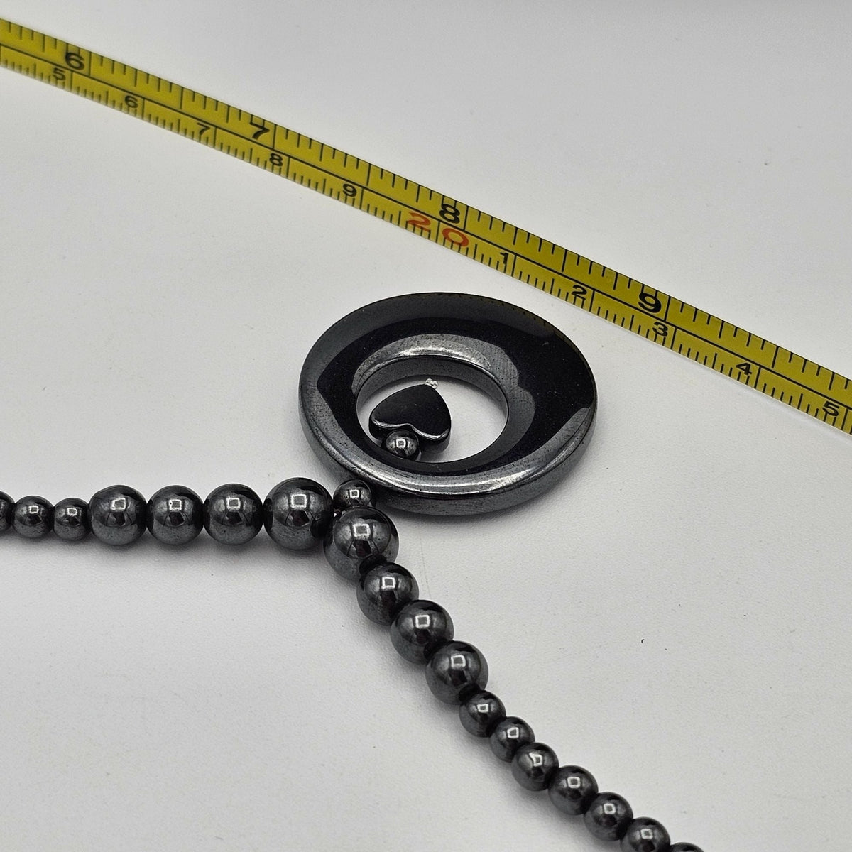 (146) Vintage Black Hematite Beaded Necklace Heart in the Center of a Ring