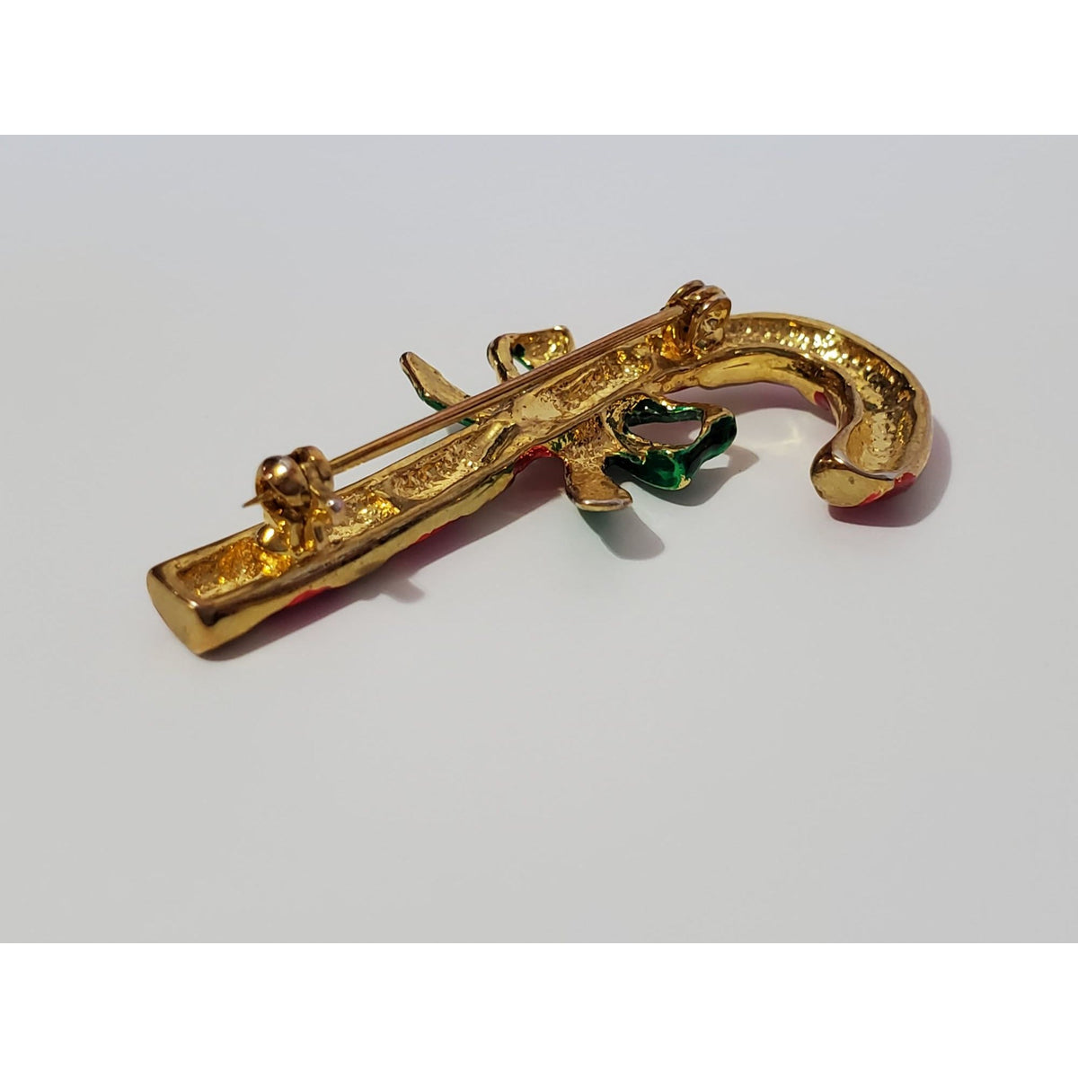 Vintage Red Gold Striped Candy Cane Green Bow Brooch Christmas