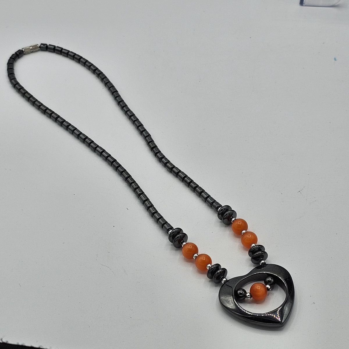 Vintage Hematite Beaded Necklace with Heart Pendant Orange Moonglow Beads