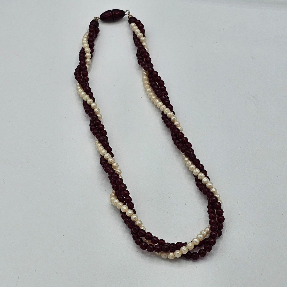 Multi-Strand Twisted Rope Faux Pearl Garnet Round Beaded Necklace