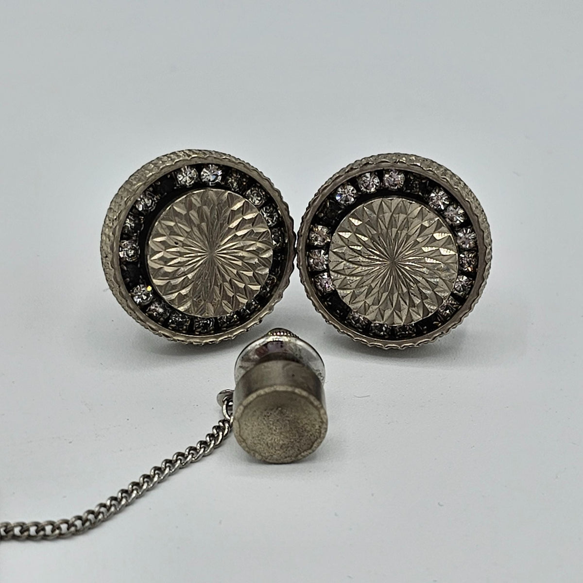 Vintage Silver-tone Di Gino Diamond Cut Cuff Links and Tie Tack Original Box