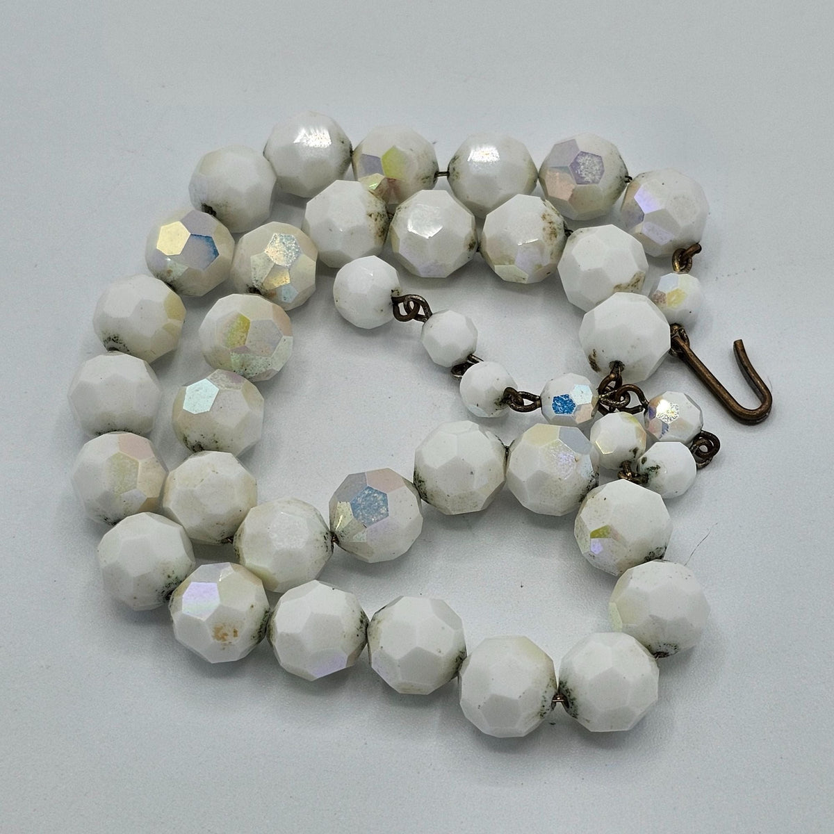 Alice Caviness Vintage White Glass Aurora Borealis Faceted Necklace