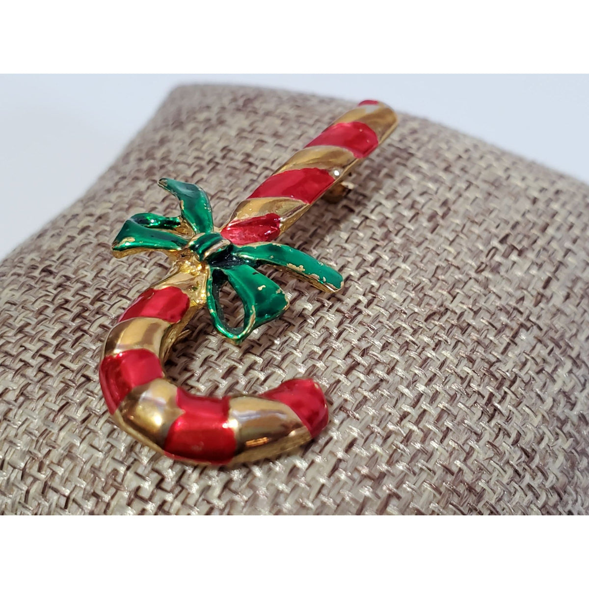 Vintage Red Gold Striped Candy Cane Green Bow Brooch Christmas