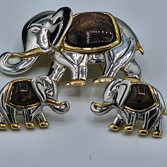 (50) Elephant Brooch Earring Set Gold SilverTone Jewelry Unique Animal Design Vintage