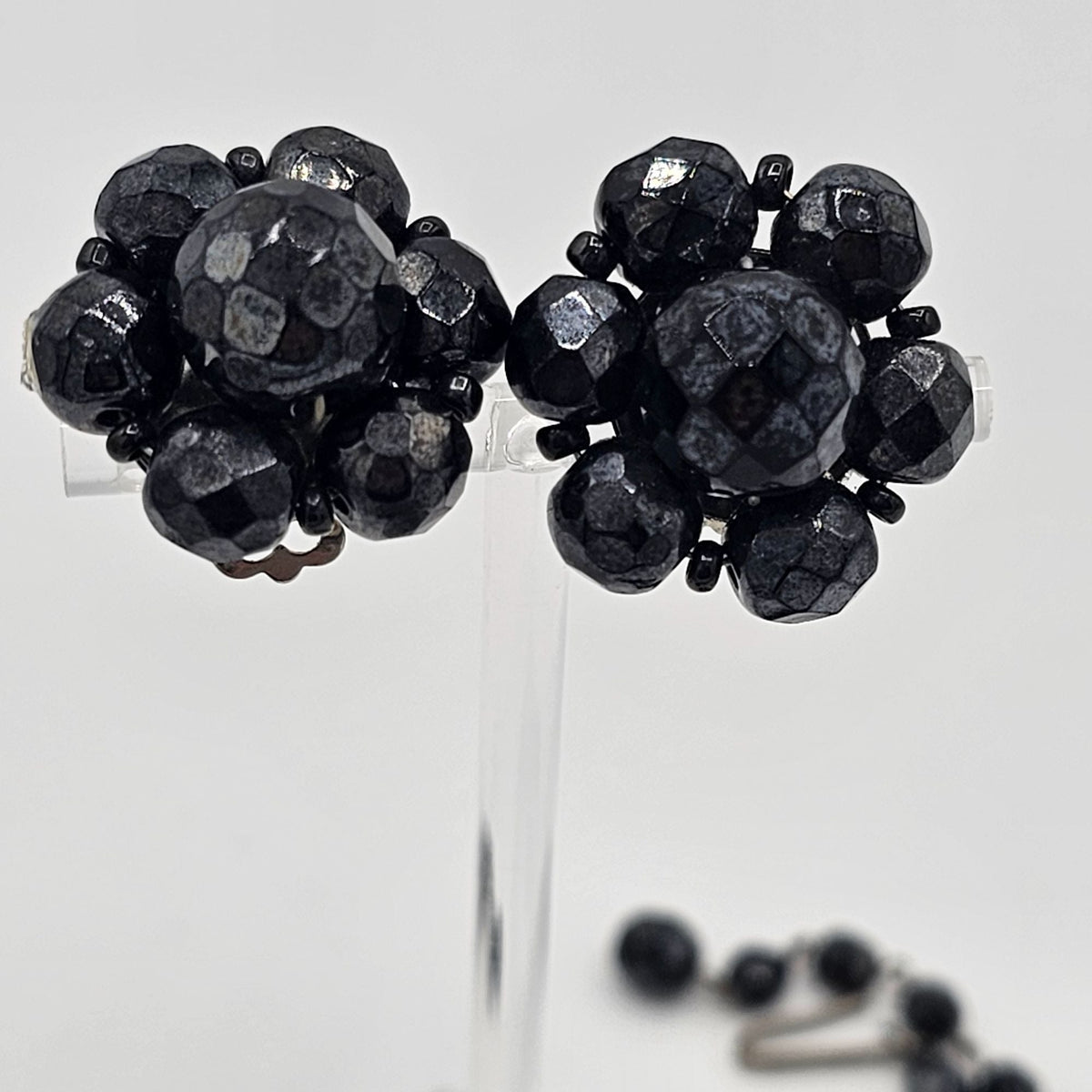 West Germany Vintage Black Faceted Glass Necklace Cluster Clip-on Earrings