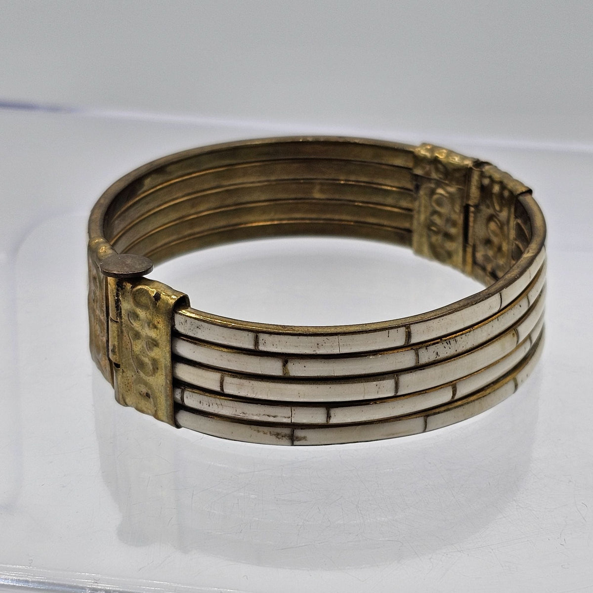 Antique Victorian Era Mother of Pearl Inlay Brass Bangle Pin Clasp