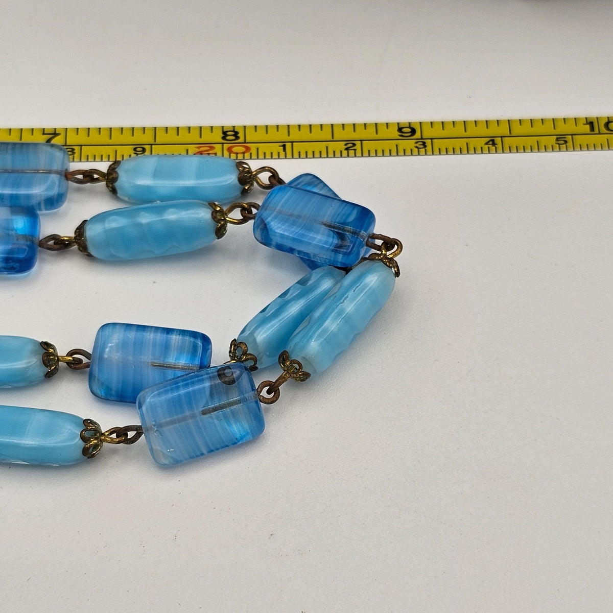 Vintage Uranium Glass Necklace Black Light Reactive Long Strand Blue Beads 36 in