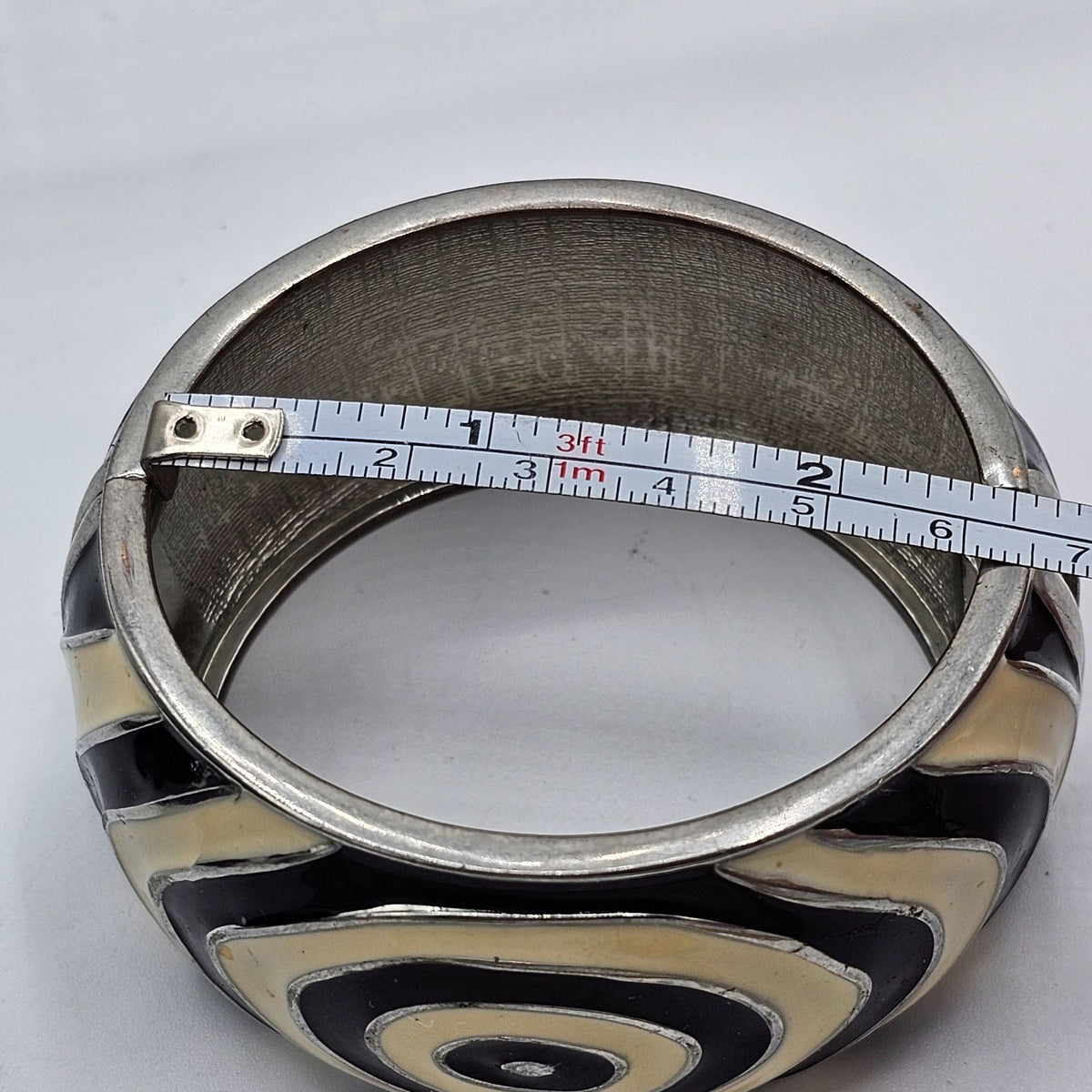 Enamel Black White Groovy Abstract Huge Clamper Bracelet