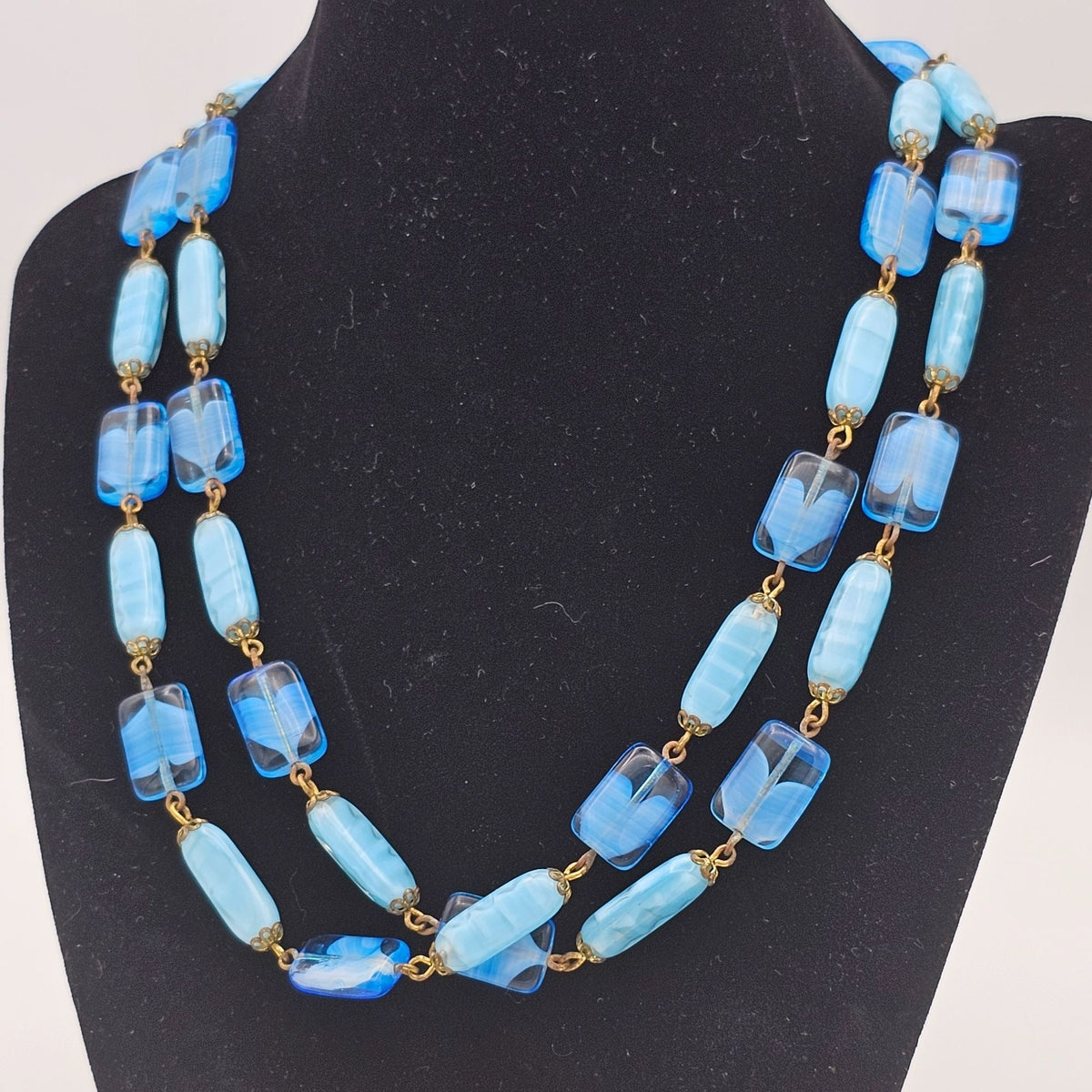 Vintage Uranium Glass Necklace Black Light Reactive Long Strand Blue Beads 36 in