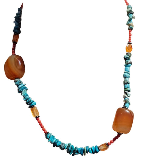 (711) Vintage Sterling Turquoise Carnelian Beads Necklace Natural Stones 35.45g