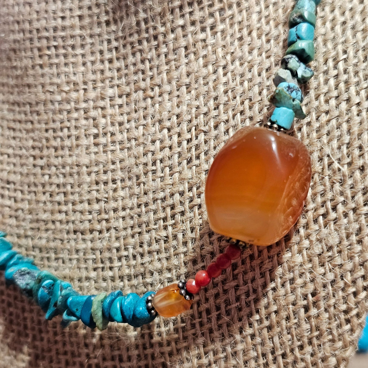 (711) Vintage Sterling Turquoise Carnelian Beads Necklace Natural Stones 35.45g