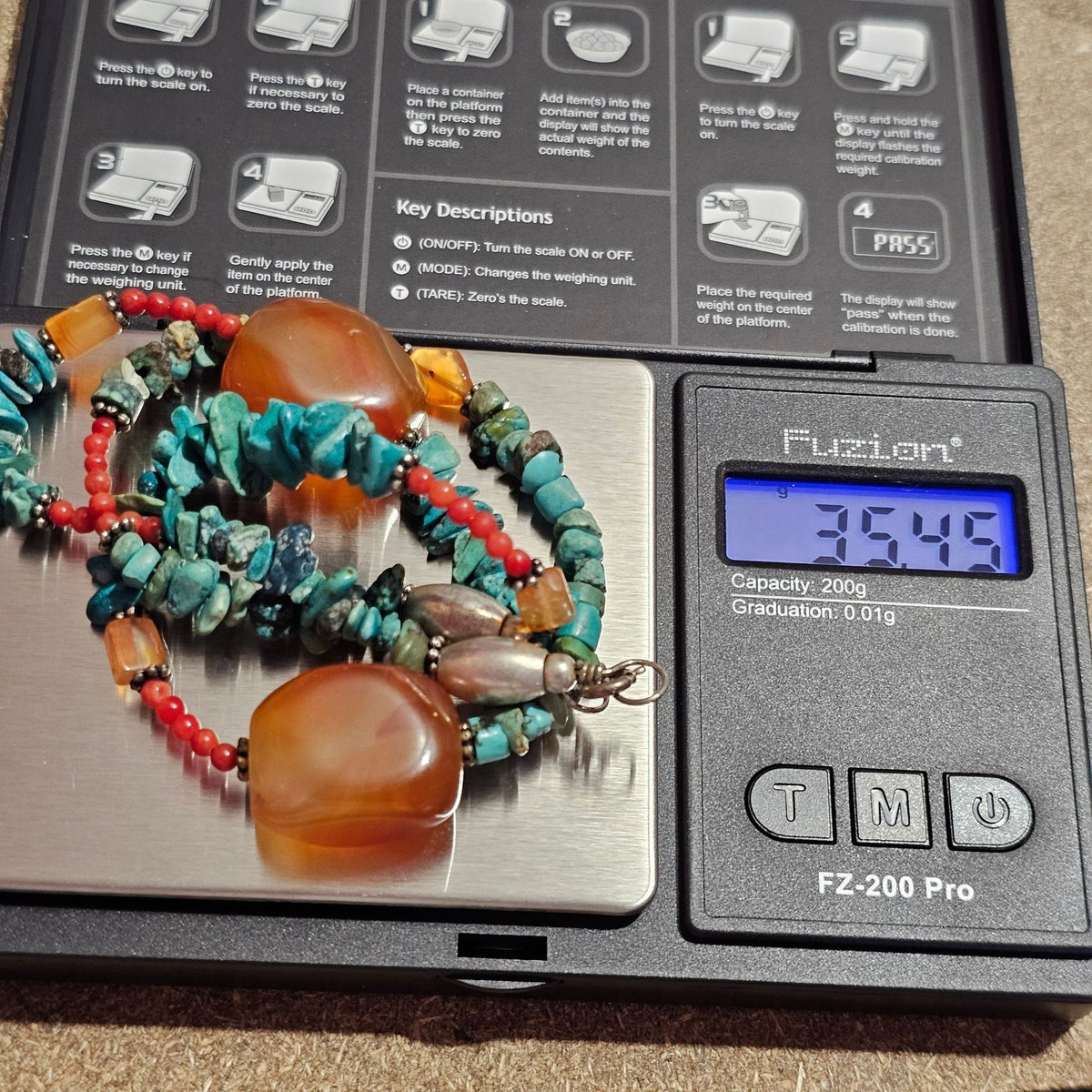 (711) Vintage Sterling Turquoise Carnelian Beads Necklace Natural Stones 35.45g