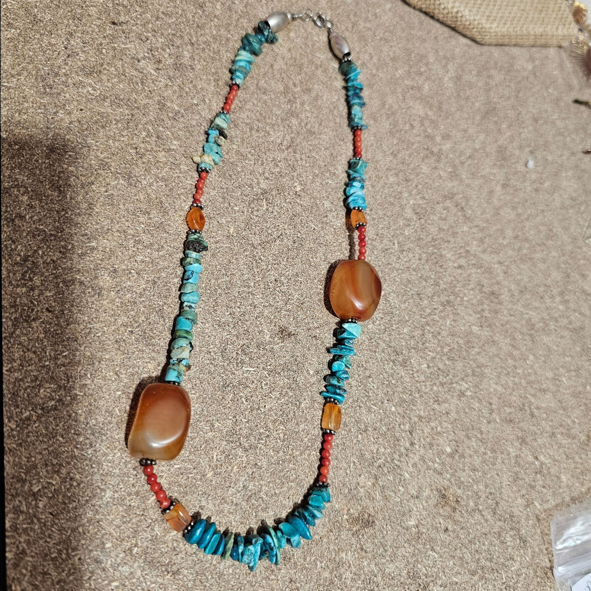 (711) Vintage Sterling Turquoise Carnelian Beads Necklace Natural Stones 35.45g