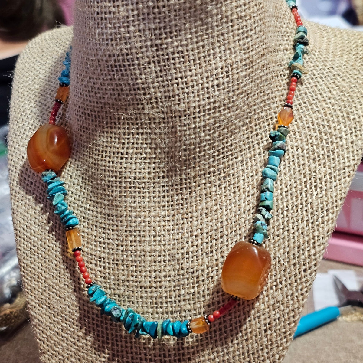 (711) Vintage Sterling Turquoise Carnelian Beads Necklace Natural Stones 35.45g